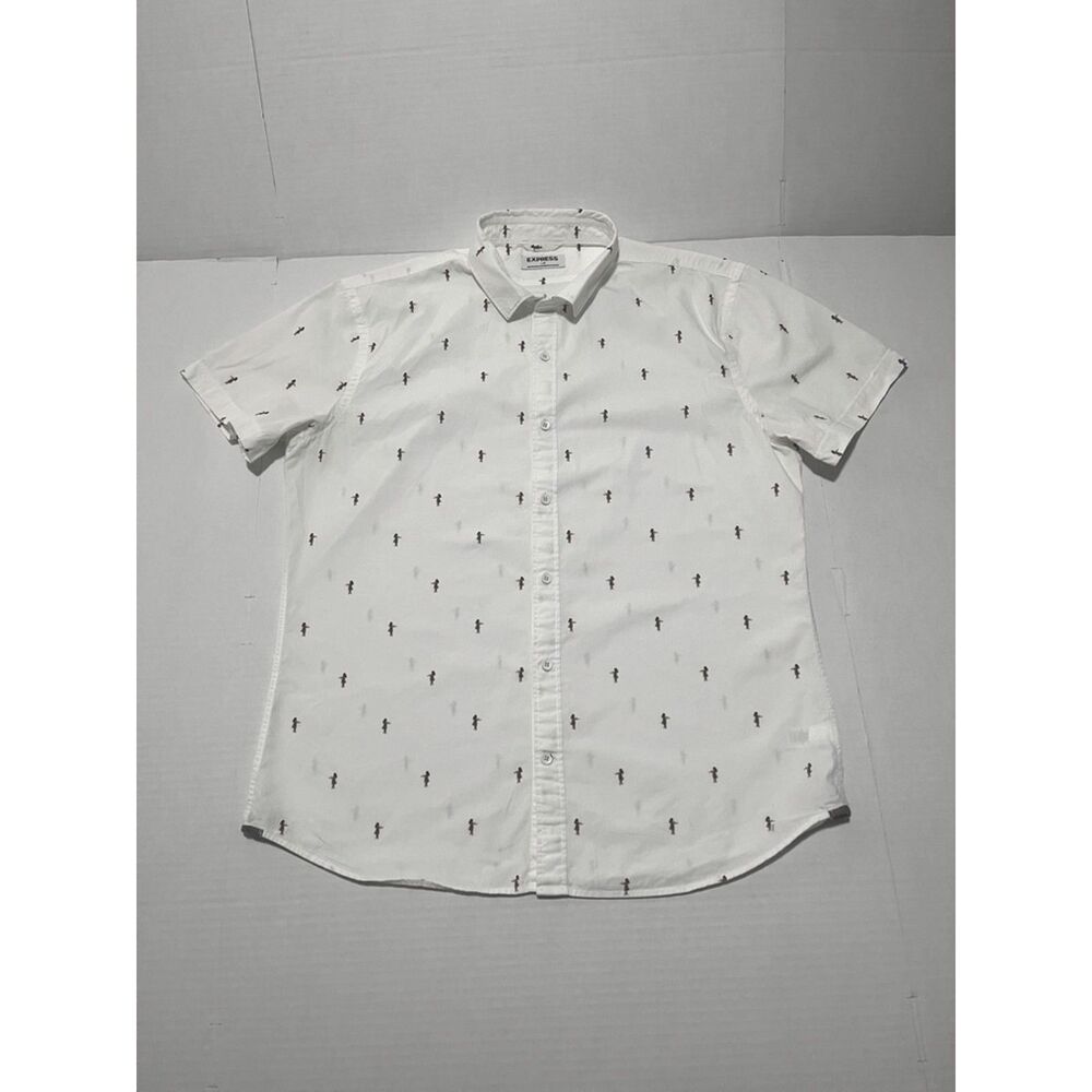 Express Men’s Large White Hula Girl Embroidered Short Sleeve Button Up Shirt